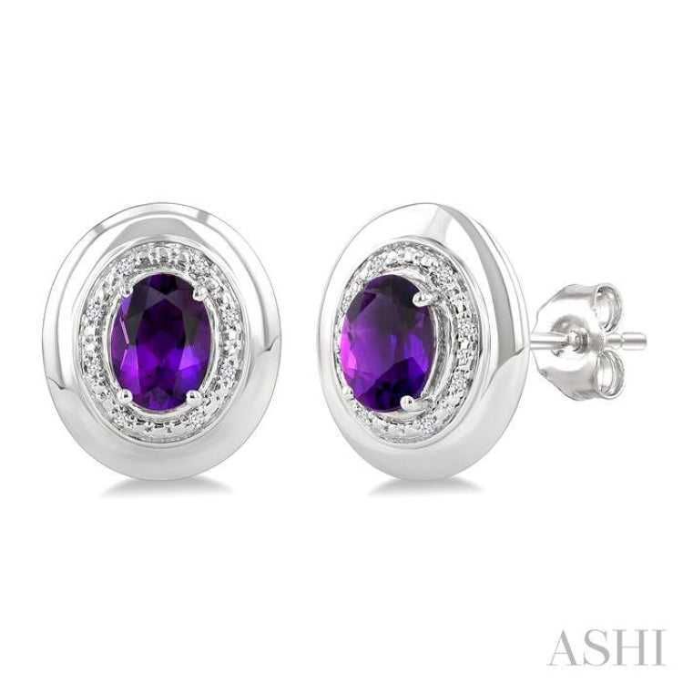 7X5 MM Oval Shape Amethyst and 1/20 Ctw Single Cut Diamond Semi-Precious Earrings in Sterling Silver