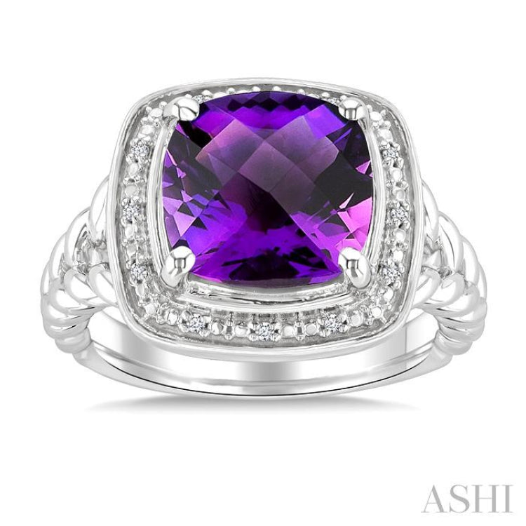 10 MM Cushion Shape Amethyst and 1/20 Ctw Single Cut Diamond Semi-precious Ring in Sterling Silver