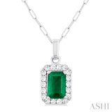 6x4 MM Octagonal Shape Emerald and 1/6 Ctw Round Cut Diamond Halo Precious Pendant with Chain in 14K White Gold