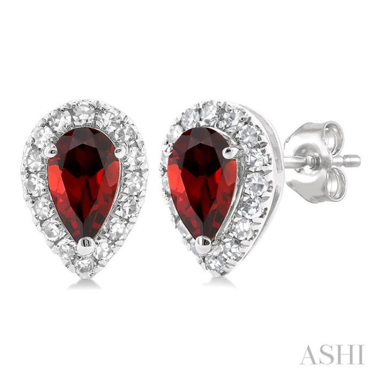 5x3 MM Pear Shape Garnet and 1/8 Ctw Single Cut Diamond Halo Semi-Precious Stud Earrings in 14K White Gold
