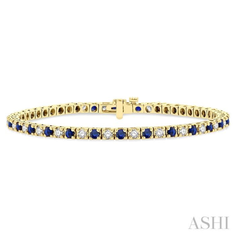 2.5 MM Sapphire and 1 1/2 Ctw Round Cut Diamond Square Box Link Precious Tennis Bracelet in 14K Yellow Gold