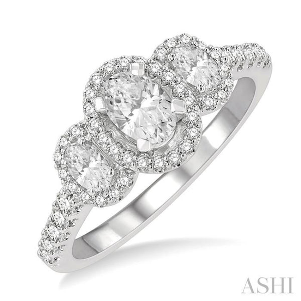 1 ctw Past, Present & Future Round Cut Diamond Engagement Ring With 3/8 ctw  Oval Cut Center Stone in 14K White Gold