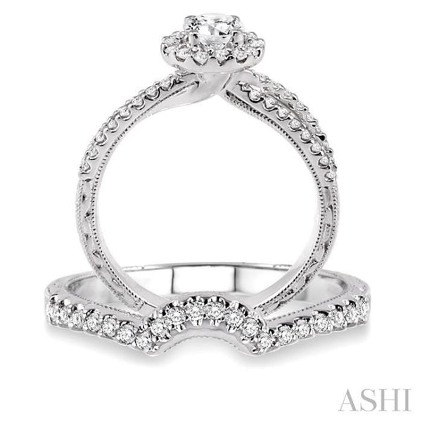 7/8 Ctw Diamond Wedding Set with 3/4 Ctw Round Cut Engagement Ring and 1/6  Ctw Wedding Band in 14K White Gold