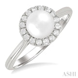 6 MM White Cultured Pearl and 1/6 Ctw Round Cut Diamond Halo Ring in 10K White Gold