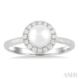6 MM White Cultured Pearl and 1/6 Ctw Round Cut Diamond Halo Ring in 10K White Gold
