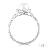 6 MM White Cultured Pearl and 1/6 Ctw Round Cut Diamond Halo Ring in 10K White Gold