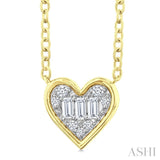 1/6 Ctw Petite Bezel Set Heart Shape Fusion Baguette and Round Cut Diamond Fashion Pendant With Chain in 10K Yellow Gold