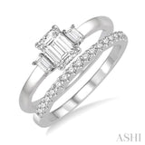 3/4 Ctw Diamond Wedding Set With 5/8 Ctw Octagonal & Baguette Engagement Ring and 1/8 Ctw Round Cut Diamond Wedding Band in 14K White Gold