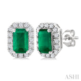 5x3 MM Octagonal Shape Emerald and 1/8 Ctw Round Cut Diamond Halo Precious Stud Earrings in 14K White Gold