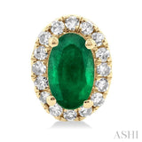 5x3 MM Oval Shape Emerald and 1/8 Ctw Single Cut Diamond Halo Precious Stud Earrings in 14K Yellow Gold
