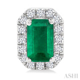 5x3 MM Octagonal Shape Emerald and 1/8 Ctw Single Cut Diamond Halo Precious Stud Earrings in 10K White Gold