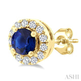 3.25 MM Round Sapphire and 1/10 Ctw Single Cut Diamond Halo Precious Stud Earrings in 10K Yellow Gold