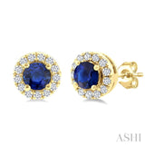 3.25 MM Round Sapphire and 1/10 Ctw Single Cut Diamond Halo Precious Stud Earrings in 14K Yellow Gold