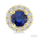 3.25 MM Round Sapphire and 1/10 Ctw Single Cut Diamond Halo Precious Stud Earrings in 14K Yellow Gold