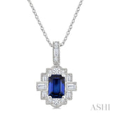 6X4 MM Octagon Shape Sapphire and 1/4 Ctw Round and Baguette Cut Diamond Precious Pendant With Chain in 14K White Gold