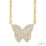 1/5 Ctw Petite Butterfly Baguette and Round Cut Diamond Fashion Pendant With Chain in 10K Yellow Gold