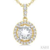5 MM White Topaz and 1/10 Ctw Round Cut Diamond Halo Semi-Precious Pendant With Chain in 14K Yellow and White Gold