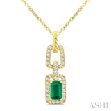 1/6 Ctw 5X3MM Octagon Shape Emerald and Round Cut Diamond Halo Precious Link Pendant With Chain in 14K Yellow Gold