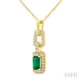1/6 Ctw 5X3MM Octagon Shape Emerald and Round Cut Diamond Halo Precious Link Pendant With Chain in 14K Yellow Gold