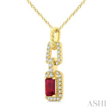 1/6 Ctw 5X3MM Octagon Shape Ruby and Round Cut Diamond Halo Precious Link Pendant With Chain in 14K Yellow Gold