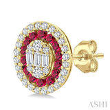 1/3 Ctw Oval Shape 1.35MM Ruby, Baguette and Round Cut Diamond Fusion Precious Fashion Stud Earrings in 14K Yellow Gold