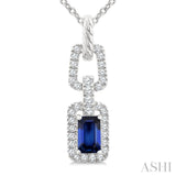 1/6 Ctw 5X3MM Octagon Shape Sapphire and Round Cut Diamond Halo Precious Link Pendant With Chain in 14K White Gold