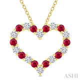 2.3 MM Round Cut Ruby and 1/2 Ctw Open Heart Round Cut Diamond Precious Fashion Pendant With Chain in 14K Yellow Gold