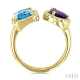 8X6 MM Emerald Cut Blue Topaz and Pear Cut Amethyst and 1/3 Ctw Open Toi Et Moi Round Cut Diamond Halo Fashion Ring in 14K Yellow Gold