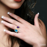 8X6 MM Emerald Cut Blue Topaz and Pear Cut Amethyst and 1/3 Ctw Open Toi Et Moi Round Cut Diamond Halo Fashion Ring in 14K Yellow Gold