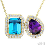 8X6 MM Emerald Cut Blue Topaz and Pear Cut Amethyst and 1/3 Ctw Toi Et Moi Round Cut Diamond Semi-Precious Fashion Pendant With Chain 14K Yellow Gold