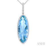 22X8 MM Oval Shape Blue Topaz and 1/4 Ctw Round Cut Diamond Semi-Precious Pendant With Chain in 14K White Gold