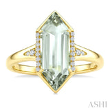16X6 MM Hexagon Shape Green Amethyst and 1/10 Ctw Round Cut Diamond Semi-Precious Ring in 10K Yellow Gold