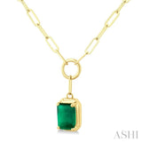 6x4 MM Emerald Solitaire Precious Paperclip Pendant With Chain in 10K Yellow Gold