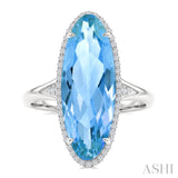 22X8 MM Evoque Gemstones Oval Shape Blue Topaz and 1/5 Ctw Round Cut Diamond Semi-Precious Ring in 14K White Gold