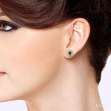 4x3 MM Oval Shaped Emerald and 1/10 ctw Single Cut Diamond Earrings in 14K Yellow Gold