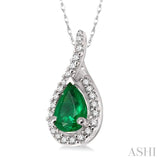 6x4 MM Pear Shape Emerald and 1/10 ctw Round Cut Diamond Pendant in 14K White Gold with Chain