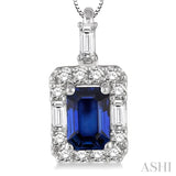 6x4 MM Octagon Cut Sapphire and 1/3 ctw Round Cut Diamond Precious Pendant in 14K White Gold with Chain