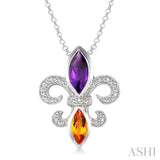 10x5 & 8x4 MM Marquise cut Amethyst and Citrine and 1/50 Ctw Single Cut Diamond Fleur De Lis Pendant in Sterling Silver with Chain