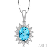 8x6 MM Oval Shape Blue Topaz and 1/10 ctw Round Cut Diamond Semi Precious Pendant in 10K White Gold