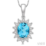 8x6 MM Oval Shape Blue Topaz and 1/10 ctw Round Cut Diamond Semi Precious Pendant in 10K White Gold