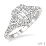 1/2 ctw Filled Octagonal Center Round Cut and Baguette Fusion Diamond Ring in 14K White Gold