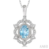 6x4 MM Oval Cut Aquamarine and 1/6 ctw Round Cut Diamond Semi Precious Pendant With Chain in 10K White Gold