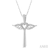 1/10 ctw Angel Wing & Heart Round Cut Diamond Cross Pendant With Chain in 10K White Gold