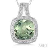 10x10 MM Cushion Shape Green Amethyst and 1/20 ctw Single Cut Diamond Pendant in Sterling Silver with Chain