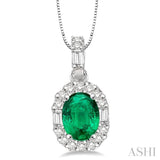 6x4 MM Oval Shape Emerald and 1/4 ctw Diamond Precious Pendant in 14K White Gold with Chain