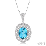 8x6 MM Oval Cut Blue Topaz and 1/10 ctw Round Cut Diamond Semi Precious Pendant With Chain in 10K White Gold