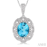 8x6 MM Oval Cut Blue Topaz and 1/10 ctw Round Cut Diamond Semi Precious Pendant With Chain in 10K White Gold