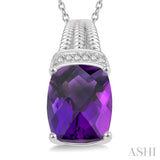 10x8 MM Cushion Shape Amethyst and 1/50 ctw Looped Round Cut Diamond Semi Precious Pendant With Chain in Sterling Silver