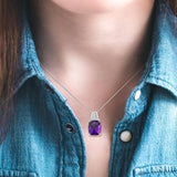 10x8 MM Cushion Shape Amethyst and 1/50 ctw Looped Round Cut Diamond Semi Precious Pendant With Chain in Sterling Silver