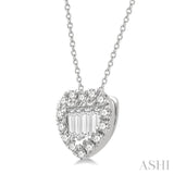 1/5 ctw Heart Shape Baguette Center & Round Cut Diamond Pendant With Chain in 14K White Gold